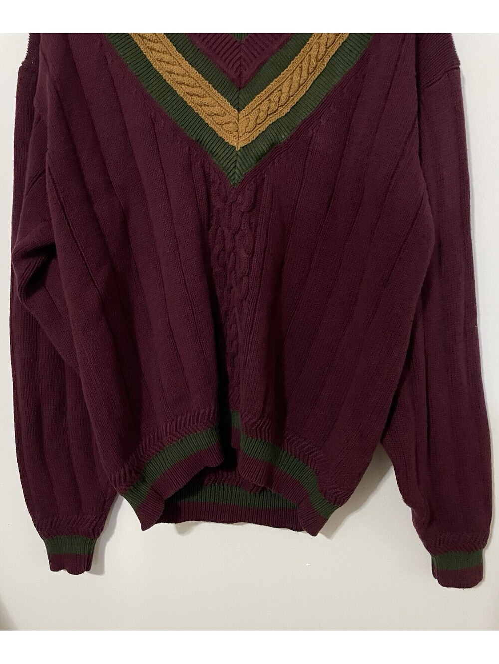 GANT Men's M Burgundy Cotton V-Neck Cable-Knit Long Sleeve Pullover Sweater - Picture 3 of 8